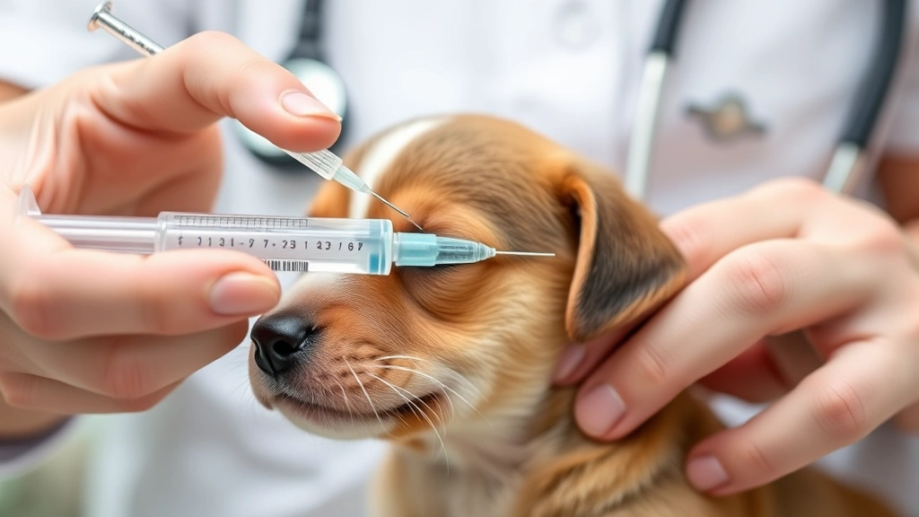Close-up of a veterinarian's hands holding a vaccination syringe near a small puppy's shoulder during vaccination appointment
