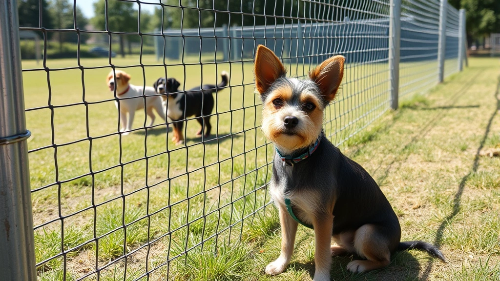 A small terrier sitting at a dog park fence with other dogs visible in the background, sunny day with grass and trees