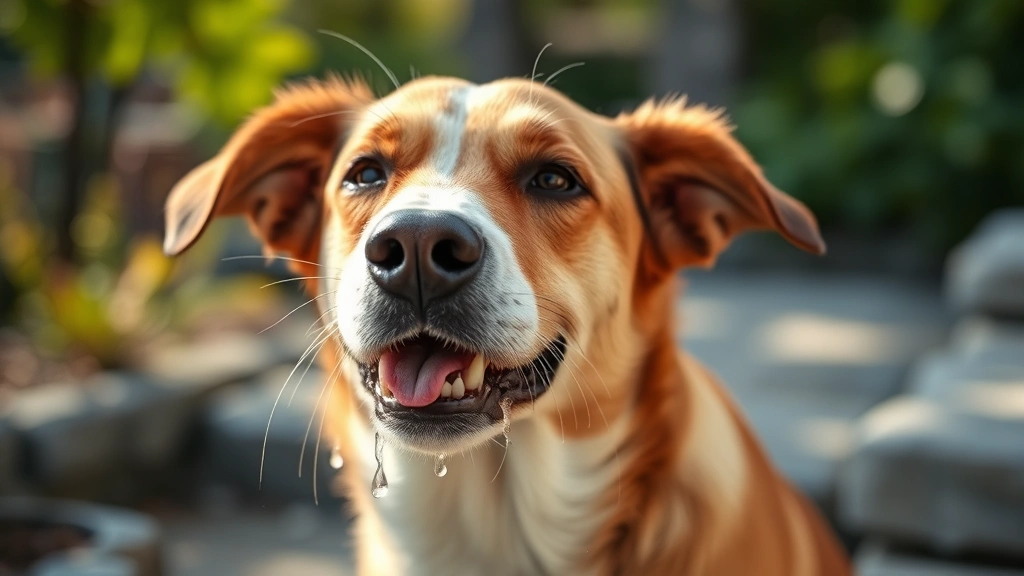 Dog shaking its head with water droplets, appears to have just eaten something cold, outdoor summer background with natural lighting