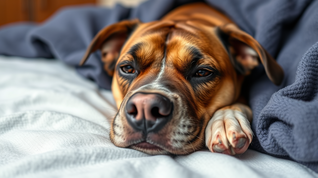 Sick dog with runny nose lying on comfortable bed, veterinary care, pet health, no text no words no letters