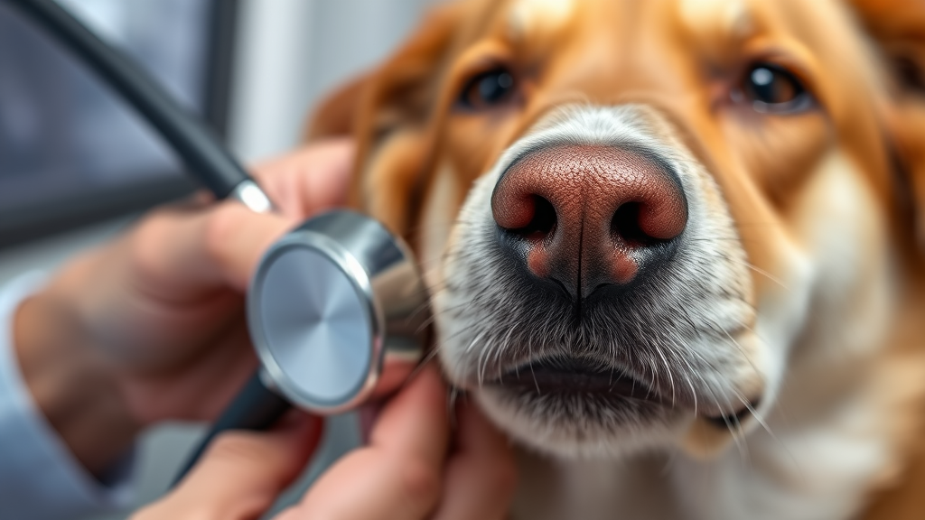 Close up veterinarian examining dog's throat and nose with stethoscope, clinical setting, no text no words no letters