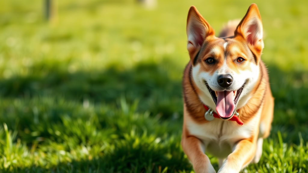 Happy healthy dog running outdoors in fresh air, green grass background, bright natural lighting, no text no words no letters