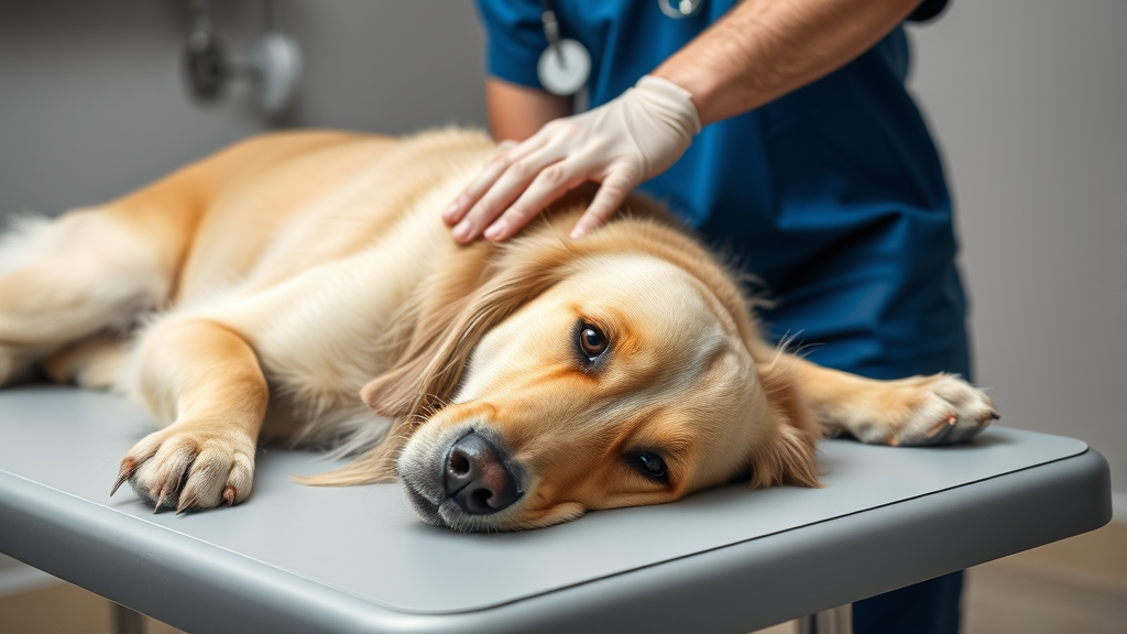 Golden retriever lying on veterinary examination table with concerned veterinarian gently examining head, no text no words no letters