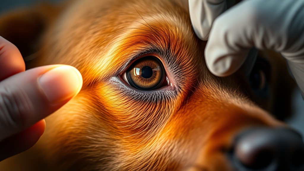 Close up of dog's eyes showing pupil examination by veterinarian's hands with small flashlight, no text no words no letters
