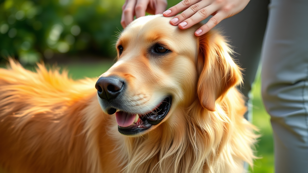 Golden retriever with healthy shiny coat being brushed by owner outdoors natural lighting no text no words no letters