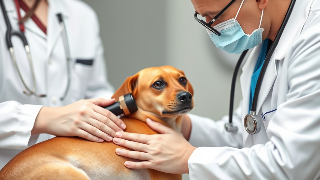 Veterinarian examining dog skin with magnifying glass in clinical setting professional care no text no words no letters