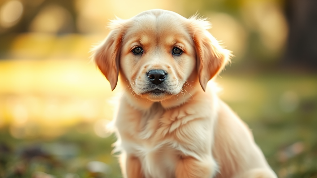Golden retriever puppy with gentle expression sitting in sunlight, soft focus background, no text no words no letters