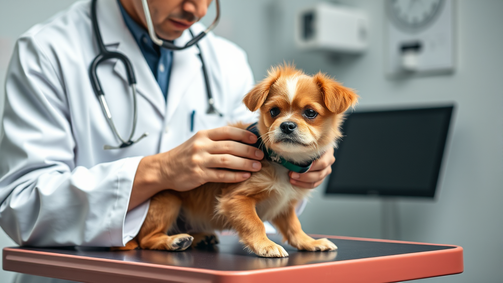 Veterinarian examining small dog on examination table with stethoscope, medical setting, no text no words no letters