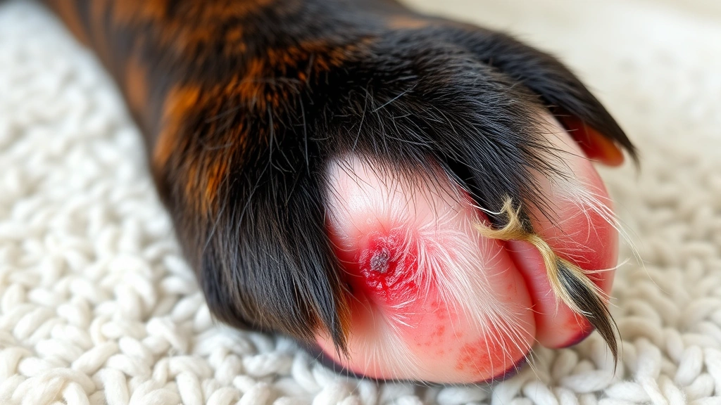 Dog's paw with redness, hair loss, and skin inflammation from eczema scratching damage