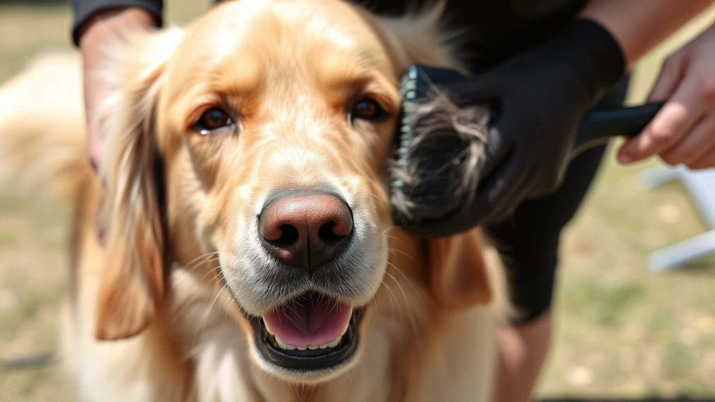 Golden Retriever being brushed by a groomer, loose fur visible in the brush, outdoor setting with natural sunlight