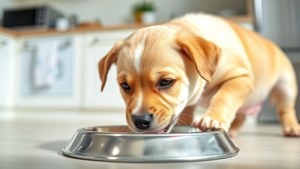 Close-up of happy puppy drinking water from bowl, bright natural lighting, kitchen background, no text, no words, no letters
