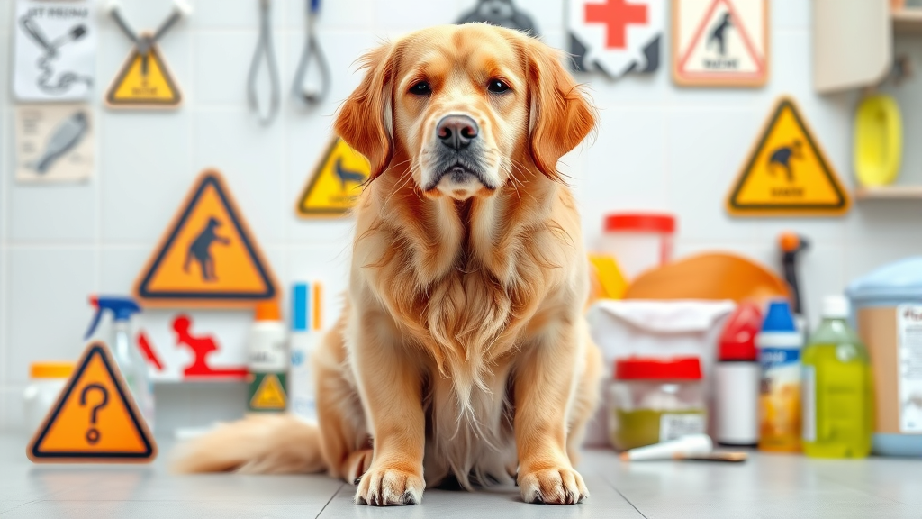 Golden retriever sitting alertly next to warning symbols and household items, veterinary clinic background, no text no words no letters