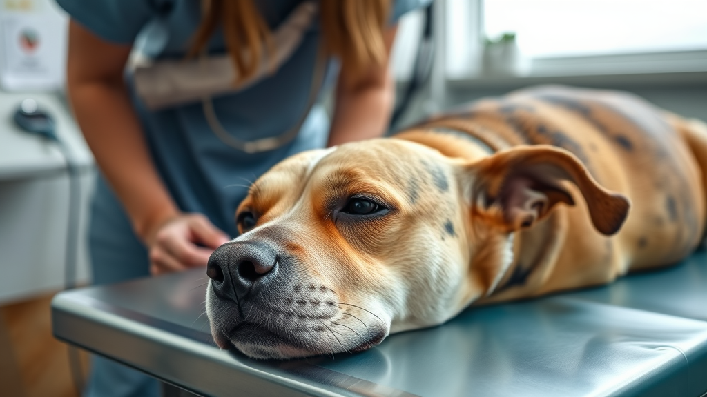 Close up of concerned dog owner checking on lethargic dog lying on veterinary examination table, no text no words no letters