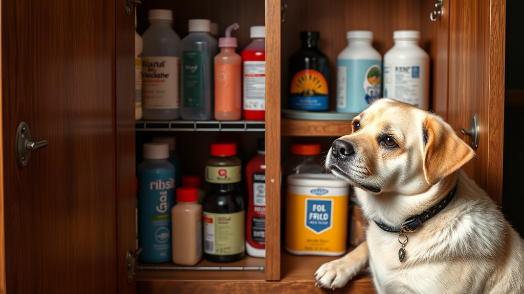 Secure pet-proof storage cabinet with locks containing various household substances safely stored away from curious dog, no text no words no letters