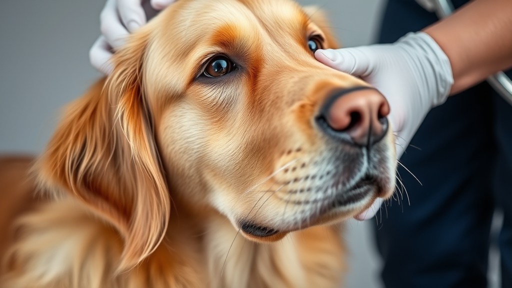 Close up of a healthy golden retriever being examined by veterinarian hands with stethoscope, no text, no words, no letters