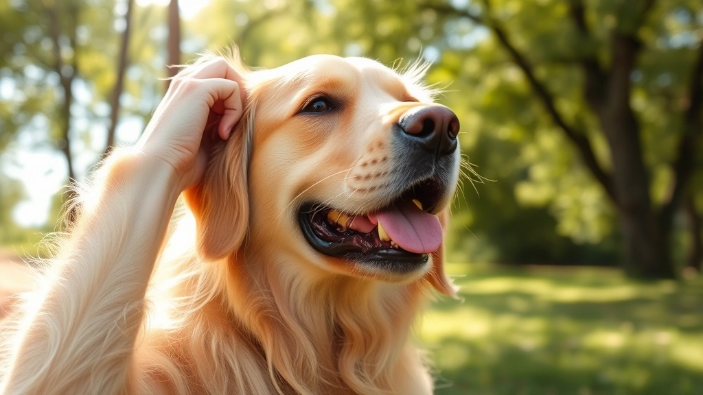 Golden retriever scratching ear outdoors in summer sunshine with trees in background