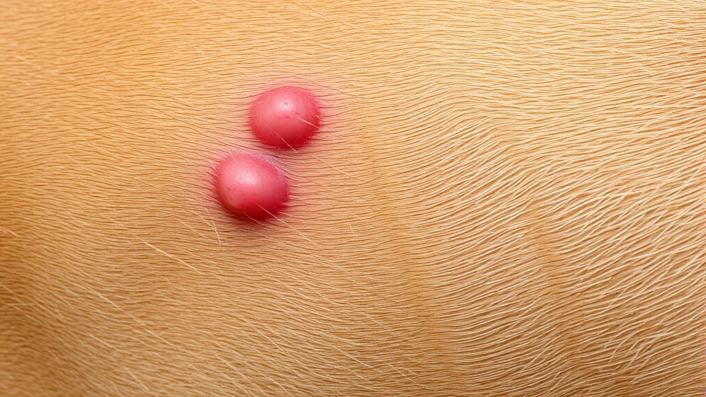 Close-up of dog skin showing red mosquito bite bumps on hairless area