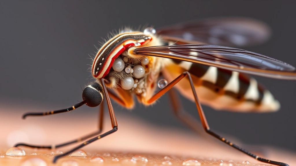 Mosquito macro photography showing detailed anatomy of insect with water droplets