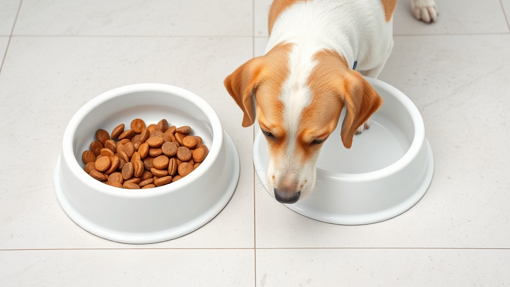 Clean dog food and water bowls on sanitized surface representing proper hygiene prevention measures, no text no words no letters