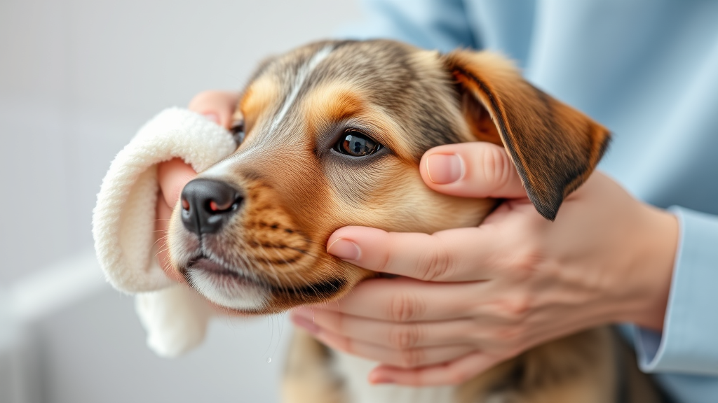 Dog owner cleaning puppy's face with soft cloth and warm water, gentle care routine, no text no words no letters