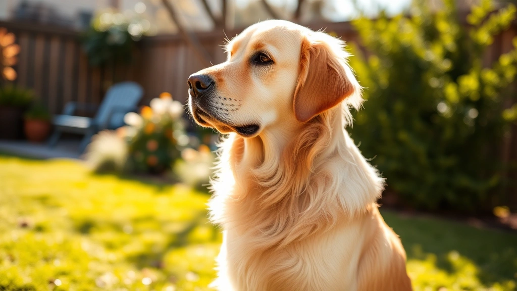 A golden retriever sitting in a sunny backyard, alert and healthy-looking with a glossy coat, photographed from the side with natural outdoor lighting