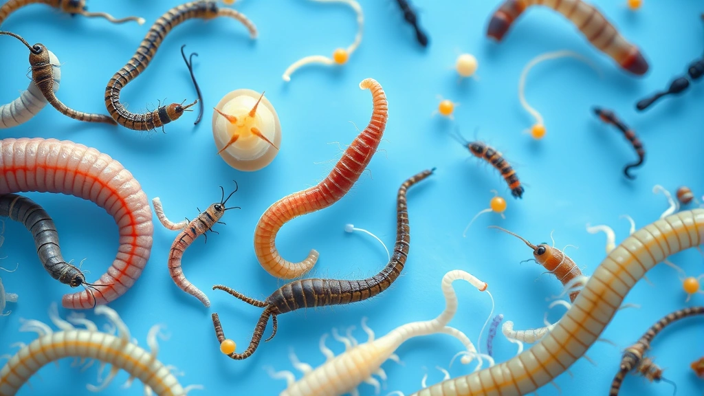 Close-up microscopic view of parasitic worms and organisms on a blue medical background, showing various parasite types in scientific illustration style