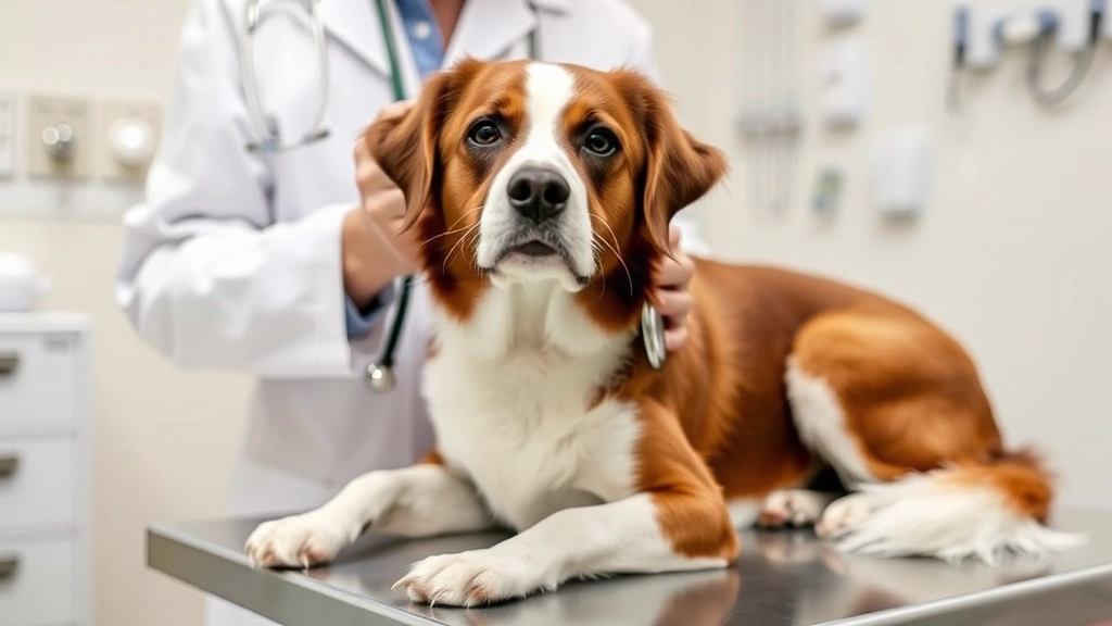 A veterinarian in white coat examining a brown and white dog on an examination table, holding a stethoscope, with medical equipment visible in the background