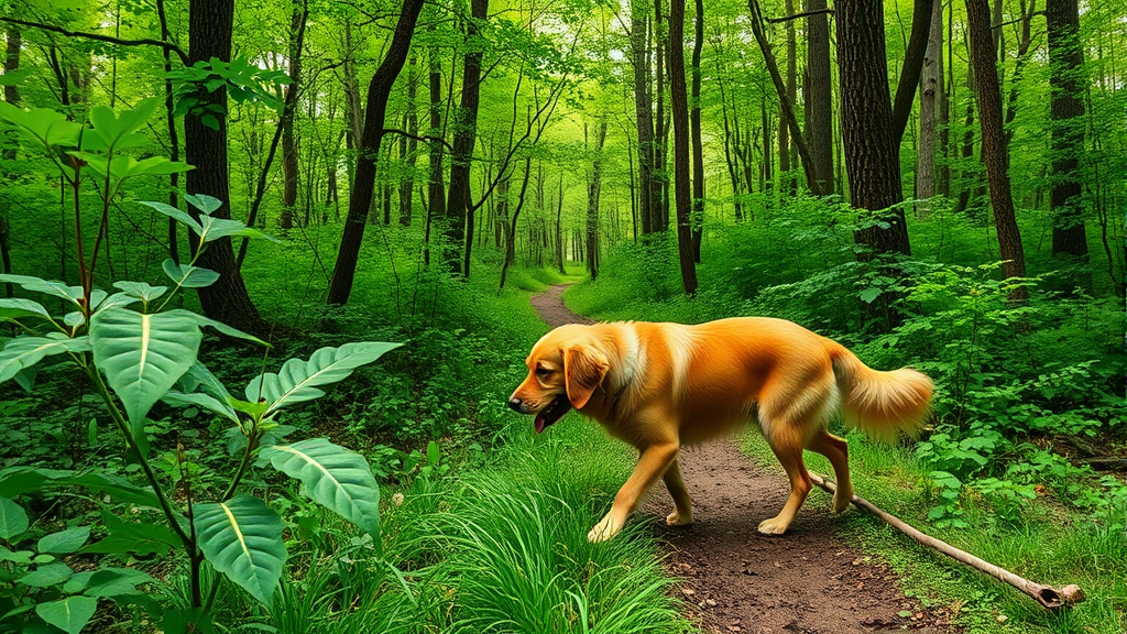 Golden retriever dog walking through green forest trail with three-leafed plants visible, natural outdoor setting, no text no words no letters