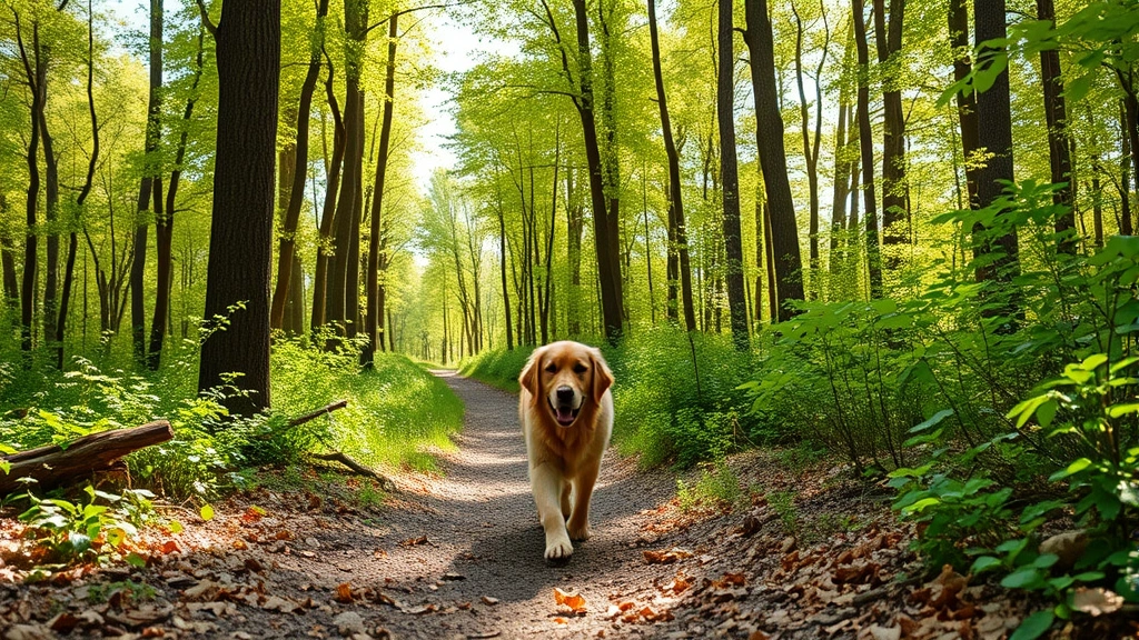 Golden retriever hiking through a forest trail with green trees and natural sunlight filtering through canopy, dog walking on leaf-covered path