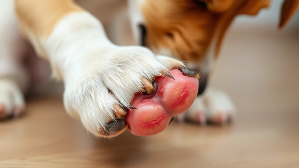 Close-up of dog's paw pad showing redness and irritation, dog sitting and looking down at inflamed skin area with concern