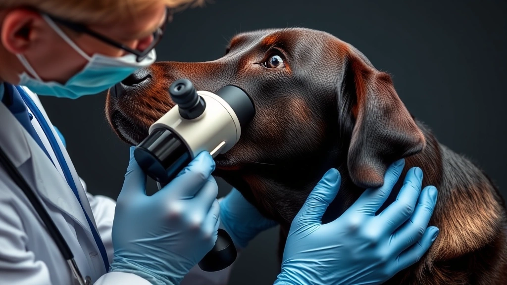 Labrador retriever being examined by a professional veterinary dermatologist using a dermatoscope on affected skin area