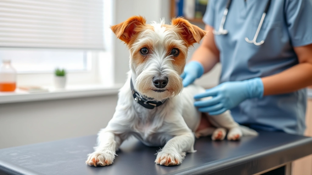 White and brown terrier sitting comfortably on a veterinary examination table during a skin consultation