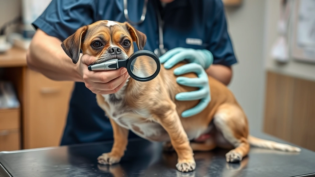 A veterinarian examining a dog's skin with a magnifying instrument during a professional examination, dog sitting calmly on examination table