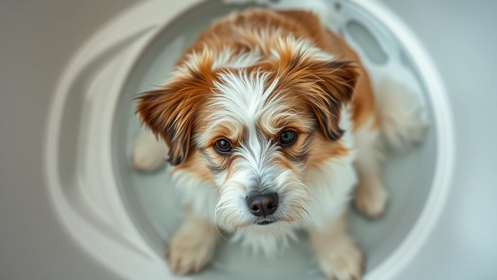 Overhead view of a fluffy white and brown dog relaxing in a bathtub during grooming, soapy water visible, serene and calm expression