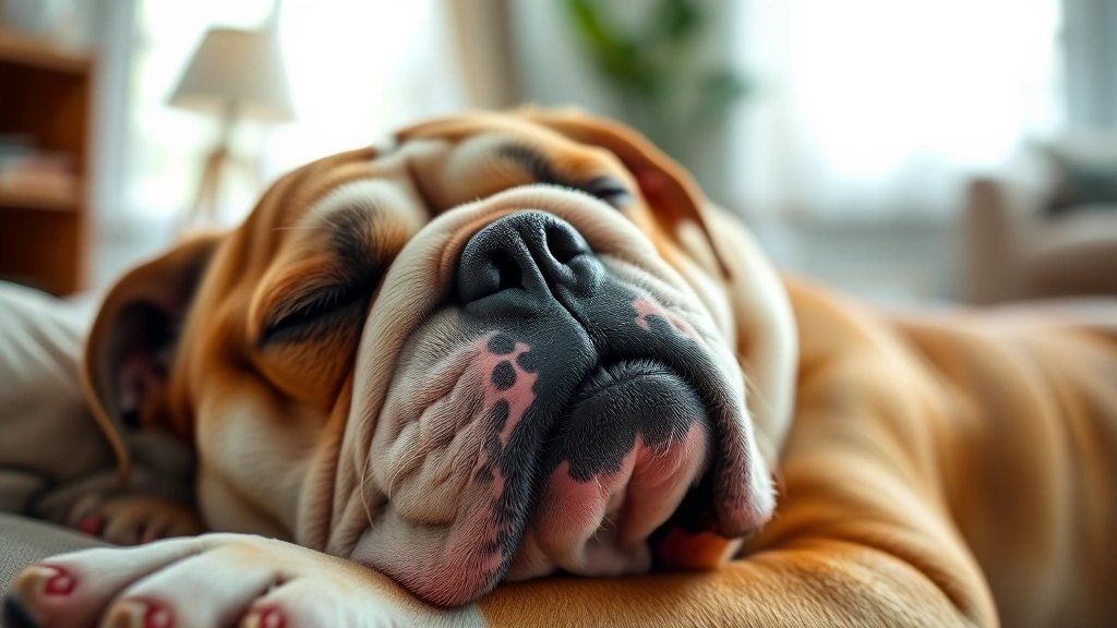 Close-up of a sleeping bulldog's face in profile, showing relaxed facial features and gentle snoring expression, soft natural lighting, peaceful bedroom setting