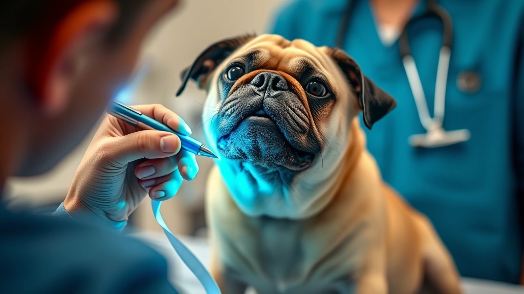 A veterinarian examining a small pug's throat and airway with a penlight, professional medical setting, dog calm and cooperative on examination table