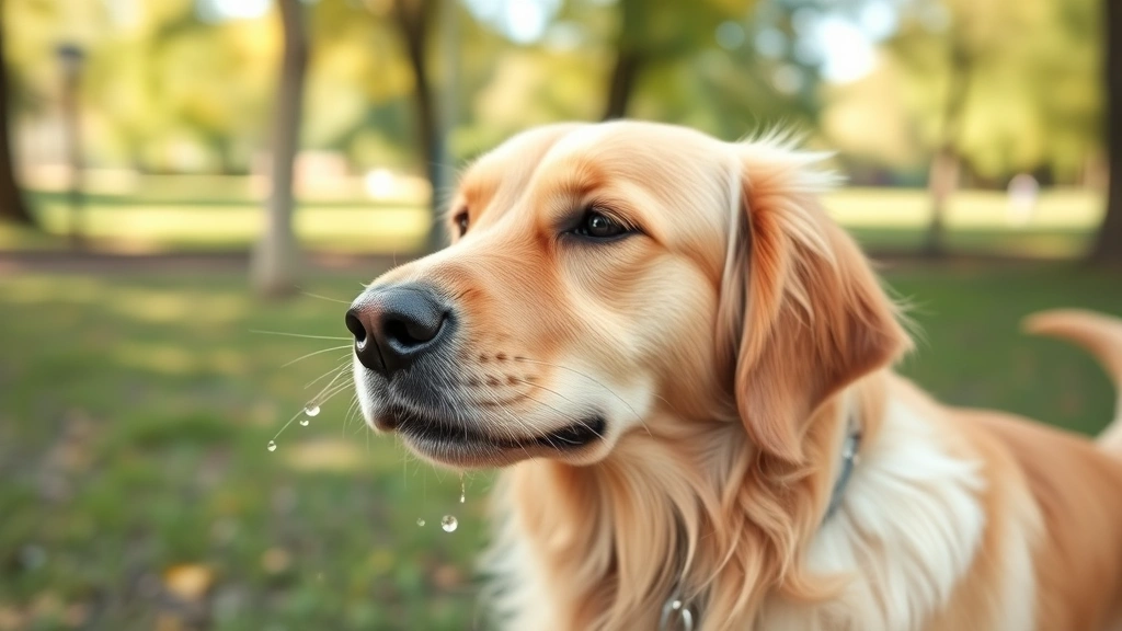 Golden Retriever sneezing outdoors in a park, close-up of face with water droplets, natural daylight, healthy dog in motion