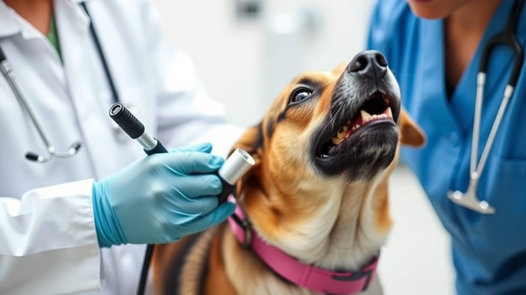 Veterinarian examining a medium-sized mixed breed dog's throat with an otoscope, clinical setting, professional care environment, gentle handling