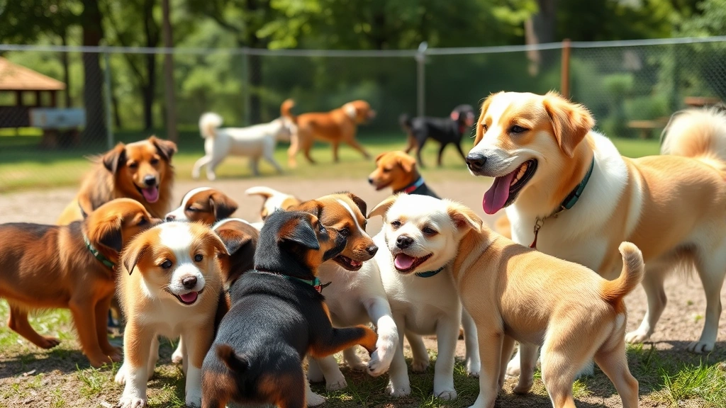 Playful puppies and adult dogs interacting at a dog park, multiple dogs in natural outdoor setting, sunny day, happy interaction between canines