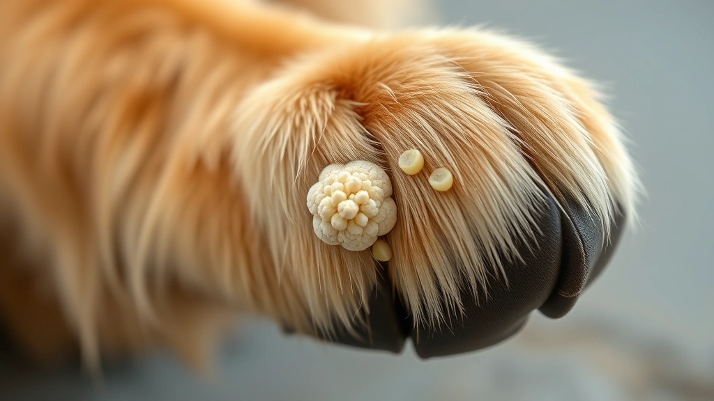 Close-up of a golden retriever's paw showing a small, bumpy, cauliflower-textured growth on the skin, photorealistic, natural lighting, shallow depth of field