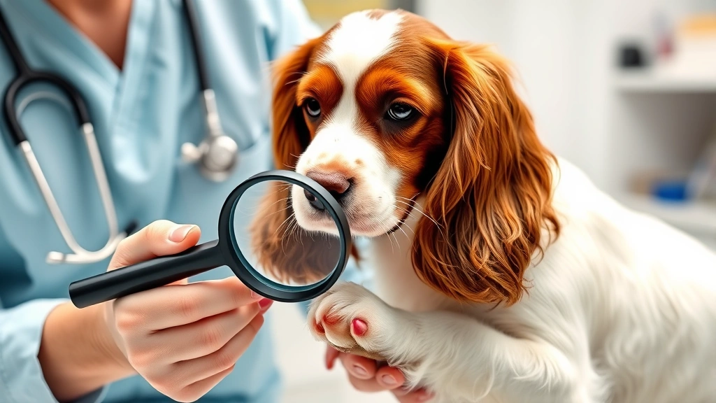 White and brown spaniel at a veterinary clinic with a vet examining a wart on its paw using a magnifying glass, professional clinical setting, natural daylight