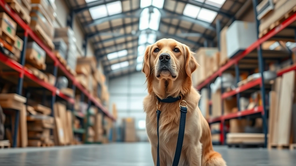 A golden retriever sitting calmly on a leash inside a large home improvement warehouse, surrounded by shelves of building materials and tools, natural lighting from skylights, dog wearing a blue collar, peaceful expression