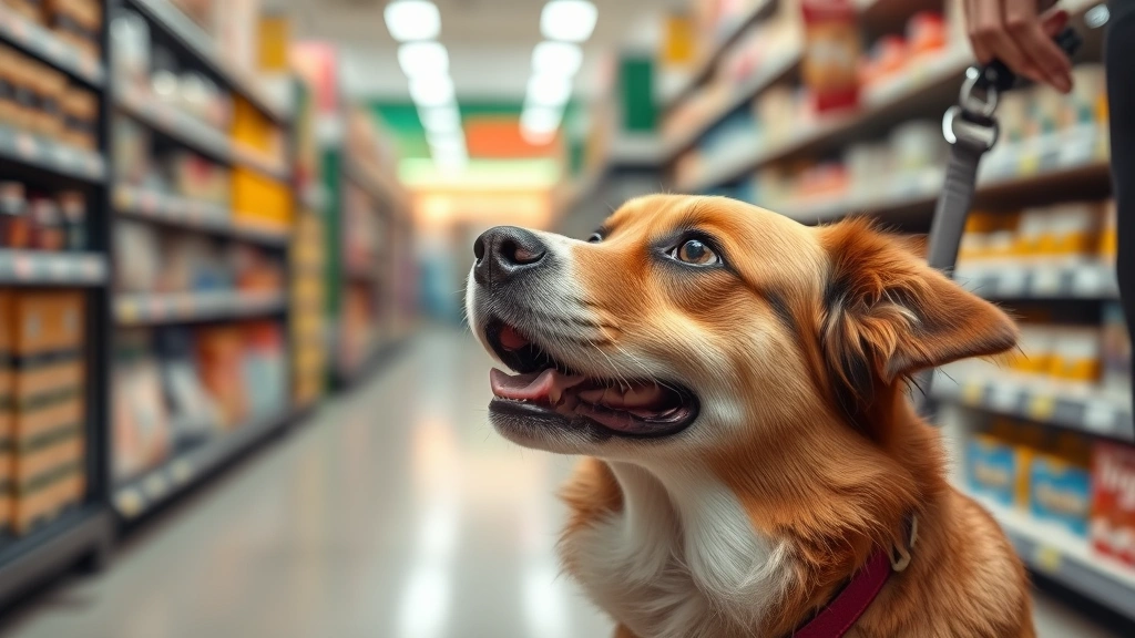 Close-up of a dog's face looking up at owner while on a leash in a retail store aisle, with blurred merchandise shelves in the background, warm natural lighting, happy dog expression, owner's hand visible holding leash