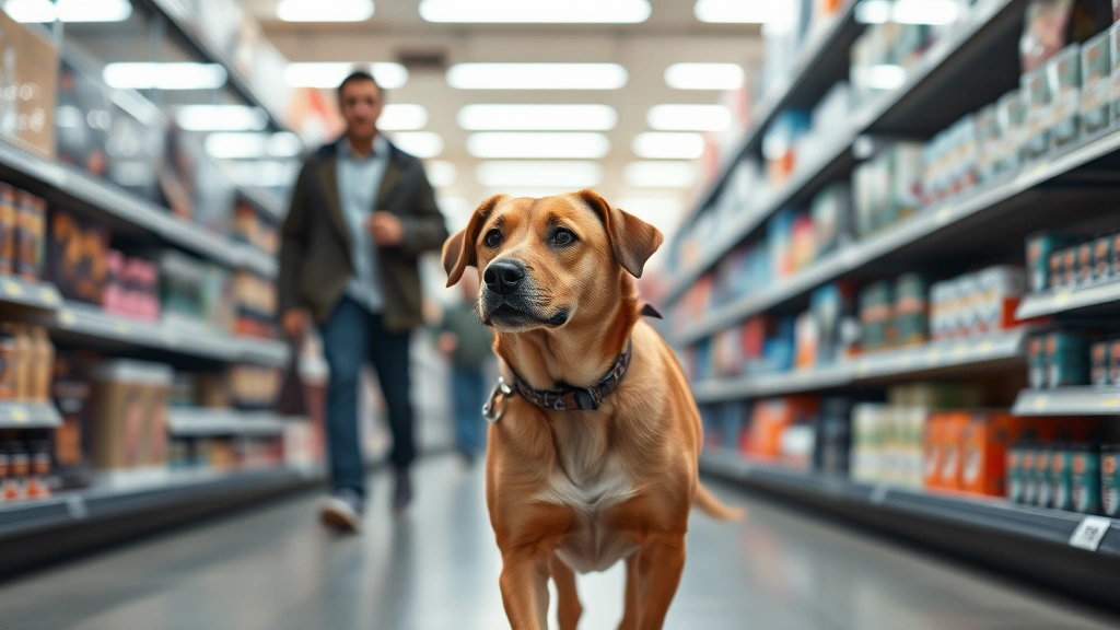 A medium-sized brown dog walking beside owner through a wide retail store aisle, leash taut but relaxed, merchandise visible on shelves on both sides, other shoppers blurred in background, bright fluorescent store lighting, calm atmosphere