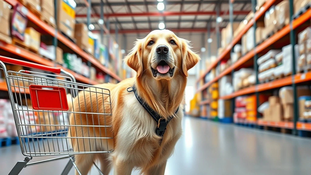 Golden retriever wearing a harness standing next to a shopping cart in a bright warehouse-style store with shelves of supplies