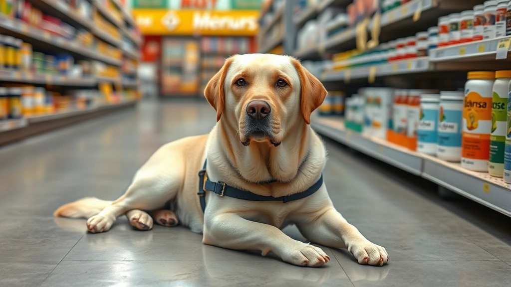 Yellow Labrador service dog with vest lying calmly on floor near paint section of home improvement store