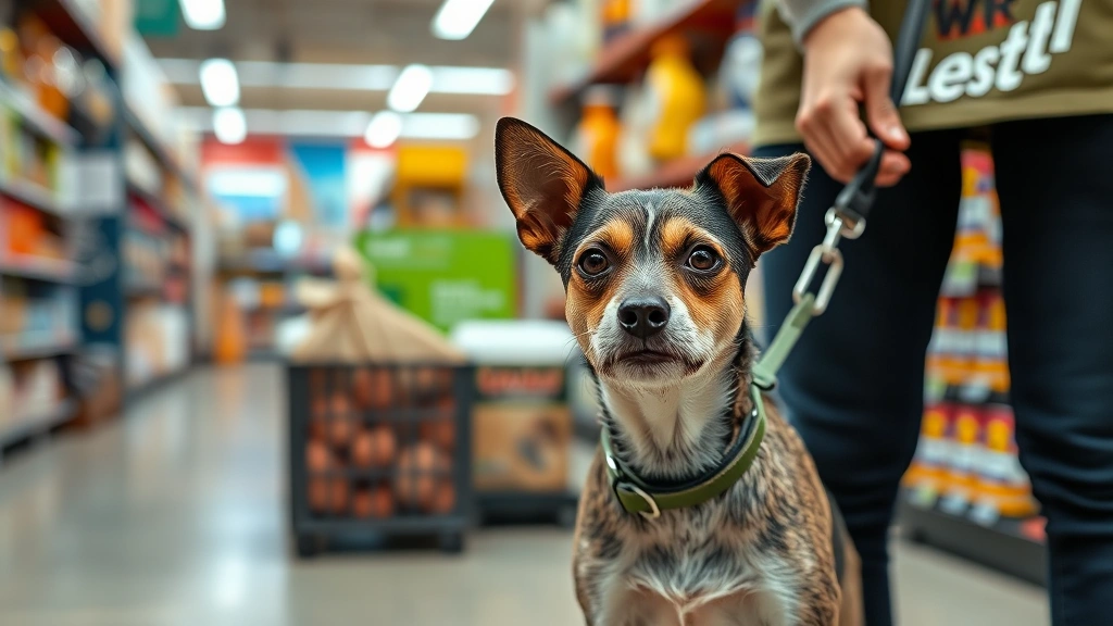 Small terrier mix on leash being held by person browsing home improvement supplies, store aisles visible in background