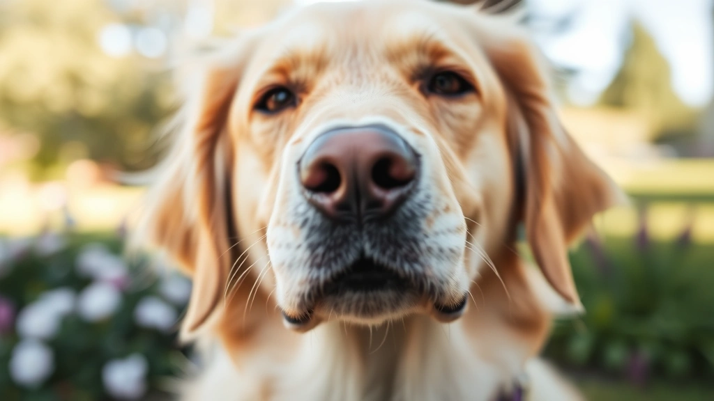 Close-up of a female golden retriever's face showing gentle expression, soft natural lighting, outdoor setting with blurred garden background
