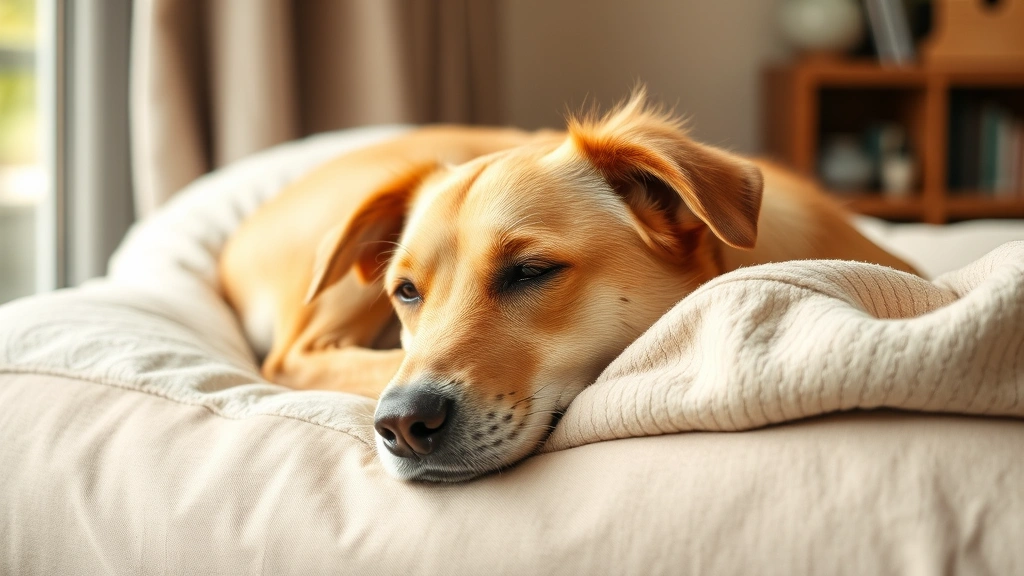 Senior female dog resting on a comfortable bed indoors, calm peaceful expression, warm natural daylight from window, cozy home environment
