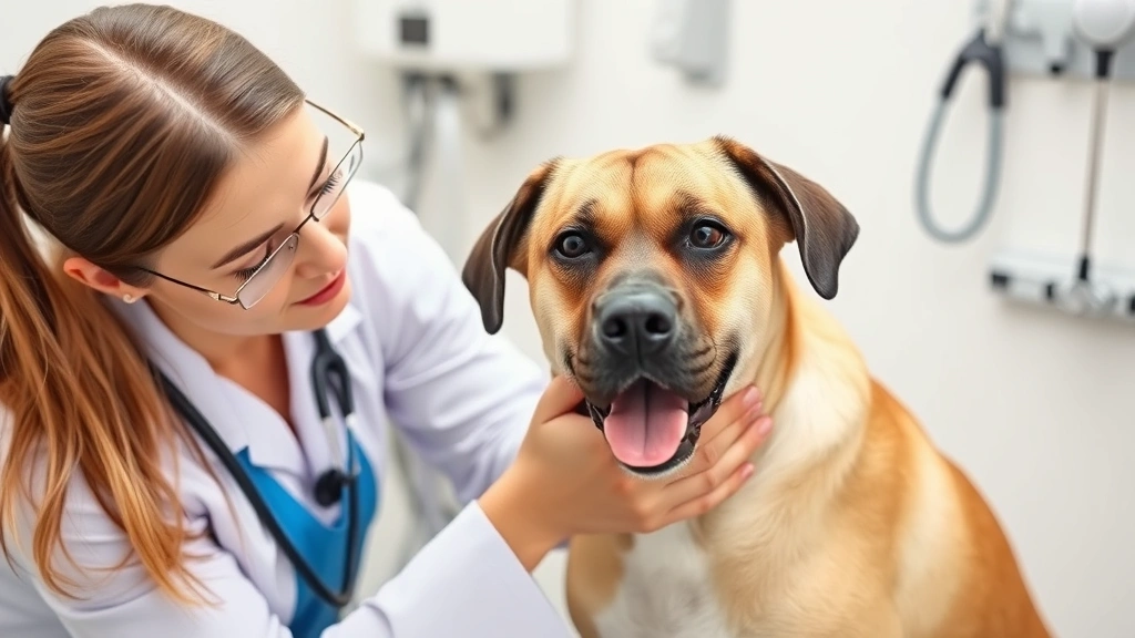 Veterinarian examining a mature female dog during health checkup, professional clinic setting, focused caring interaction, medical equipment visible